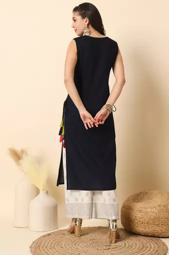 Navy bluesolid round neck sleeveless straight calf length kurta