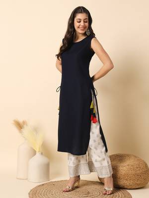 Navy bluesolid round neck sleeveless straight calf length kurta 5