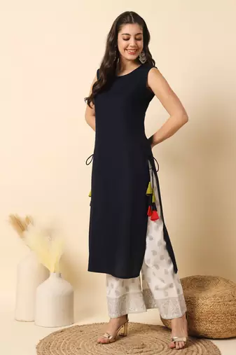 Navy bluesolid round neck sleeveless straight calf length kurta