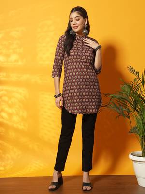 Brown and mustard yellow floral bagru printed tunic 1