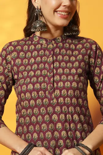 Brown and mustard yellow floral bagru printed tunic