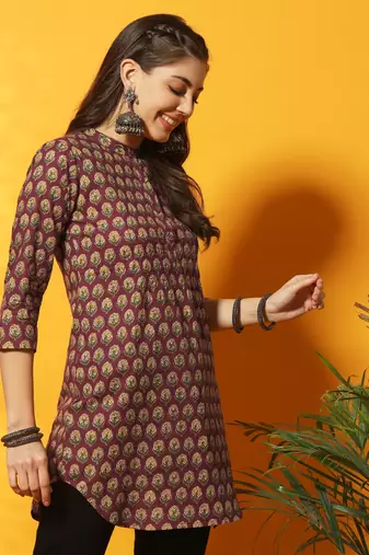 Brown and mustard yellow floral bagru printed tunic