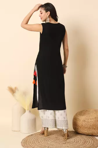 Black solid round neck sleeveless straight calf length kurta
