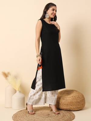 Black solid round neck sleeveless straight calf length kurta 5