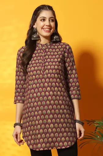 Brown and mustard yellow floral bagru printed tunic