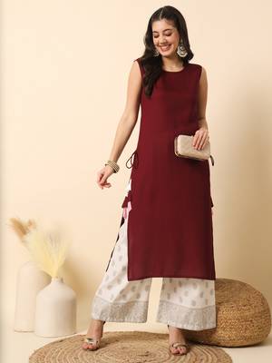 Wine solid round neck sleeveless straight calf length kurta 1