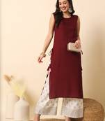 Wine solid round neck sleeveless straight calf length kurta