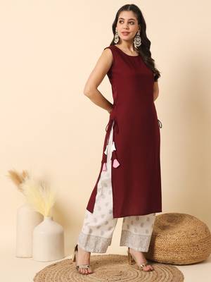 Wine solid round neck sleeveless straight calf length kurta 3