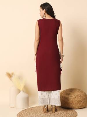 Wine solid round neck sleeveless straight calf length kurta 4