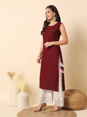Wine solid round neck sleeveless straight calf length kurta 5