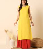 Lemon yellow solid round neck sleeveless straight calf length kurta