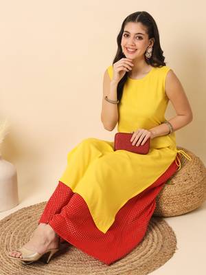 Lemon yellow solid round neck sleeveless straight calf length kurta 3