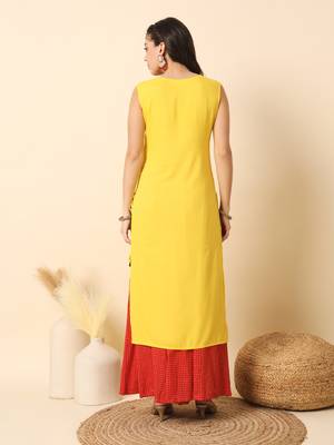 Lemon yellow solid round neck sleeveless straight calf length kurta 4