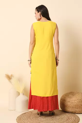 Lemon yellow solid round neck sleeveless straight calf length kurta