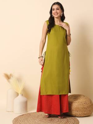 Olive green solid round neck sleeveless straight calf length kurta 1