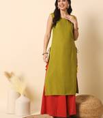 Olive green solid round neck sleeveless straight calf length kurta