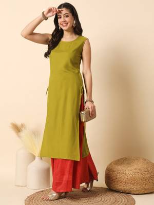 Olive green solid round neck sleeveless straight calf length kurta 3