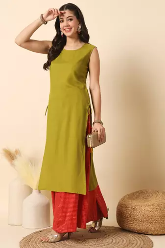 Olive green solid round neck sleeveless straight calf length kurta