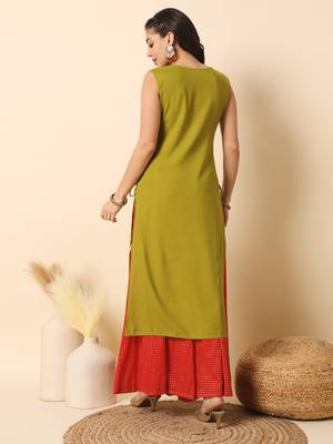 Olive green solid round neck sleeveless straight calf length kurta 4