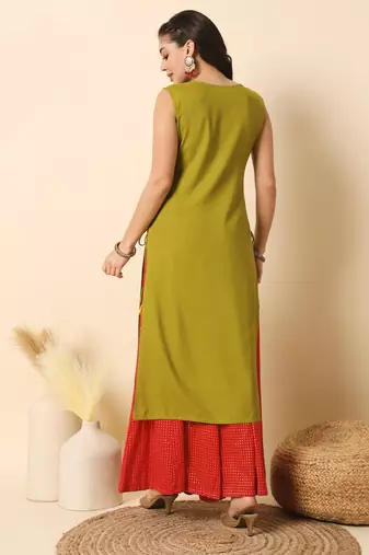 Olive green solid round neck sleeveless straight calf length kurta