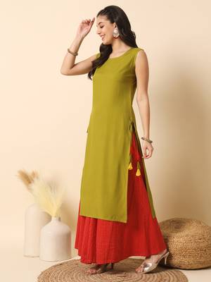 Olive green solid round neck sleeveless straight calf length kurta 5