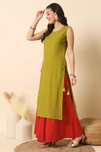 Olive green solid round neck sleeveless straight calf length kurta