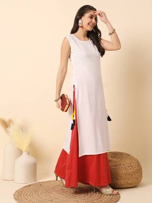 White solid round neck sleeveless straight calf length kurta 3