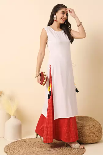 White solid round neck sleeveless straight calf length kurta
