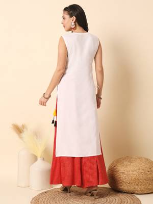 White solid round neck sleeveless straight calf length kurta 4