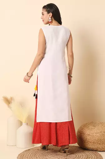 White solid round neck sleeveless straight calf length kurta