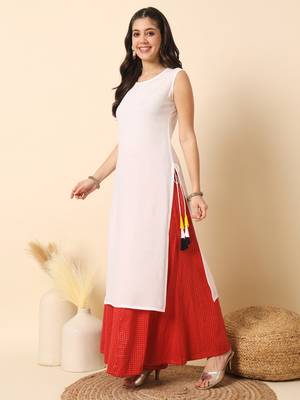 White solid round neck sleeveless straight calf length kurta 5
