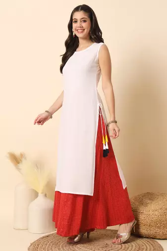 White solid round neck sleeveless straight calf length kurta