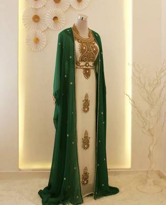 Green & White Kaftan Handcrafted Georgette Elegance Work Party Wear Fully Stitched Dresses 1