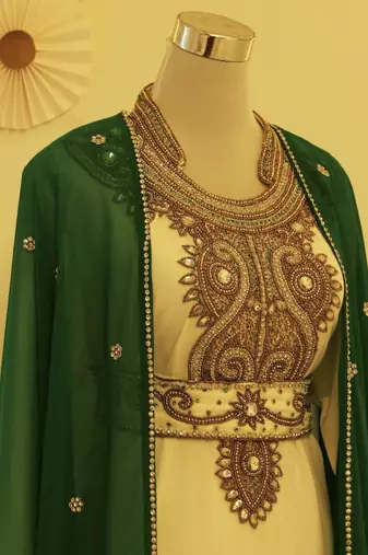 Green & White Kaftan Handcrafted Georgette Elegance Work Party Wear Fully Stitched Dresses