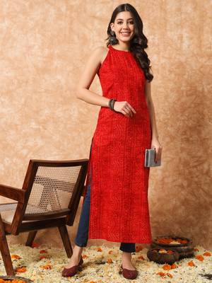 Red bandhani straight indo - western kurta 1