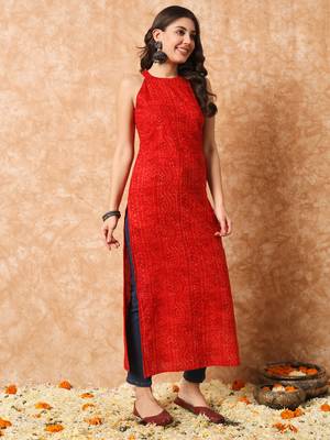 Red bandhani straight indo - western kurta 5