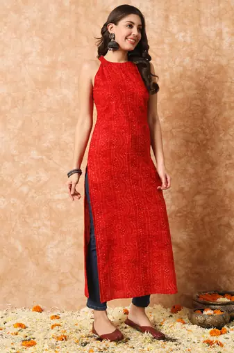 Red bandhani straight indo - western kurta