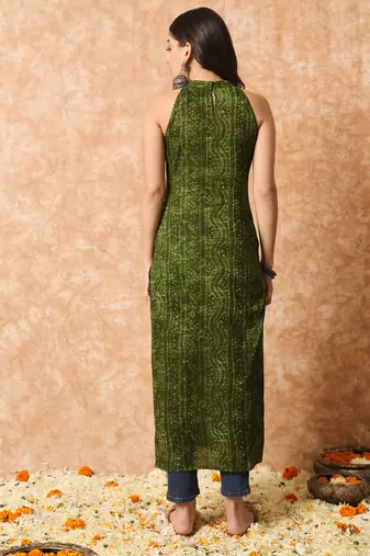 Pine green bandhani straight indo - western kurta
