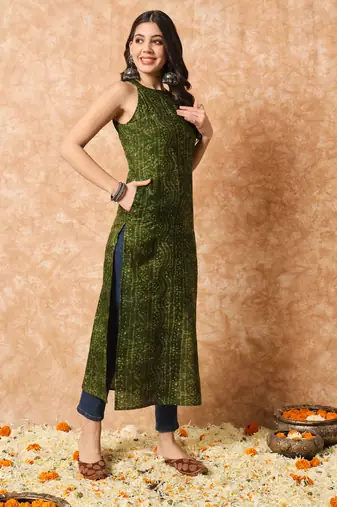 Pine green bandhani straight indo - western kurta