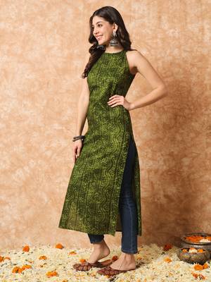 Pine green bandhani straight indo - western kurta 5