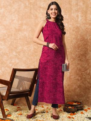 Rani pink bandhani straight indo - western kurta 1