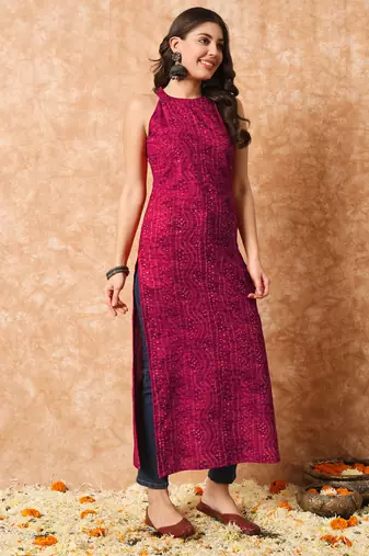 Rani pink bandhani straight indo - western kurta
