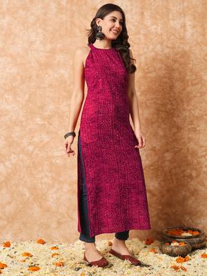 Rani pink bandhani straight indo - western kurta 5