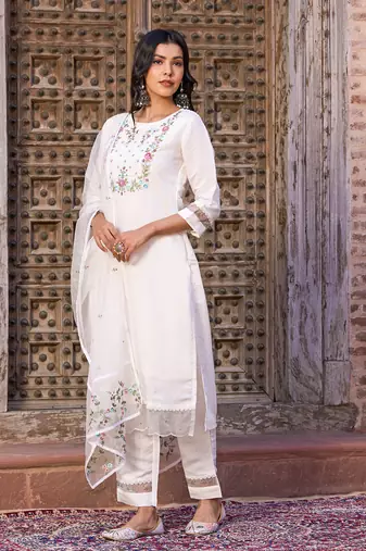 Chanderi embroidered Kurta with silk Lining  Pant and Dupatta set