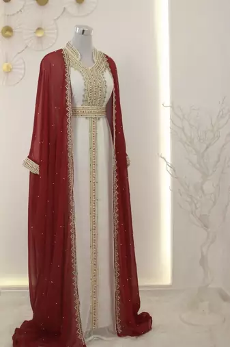 Grand Red & White Layered Kaftan with Golden Zari Work | Reception & Event Wear