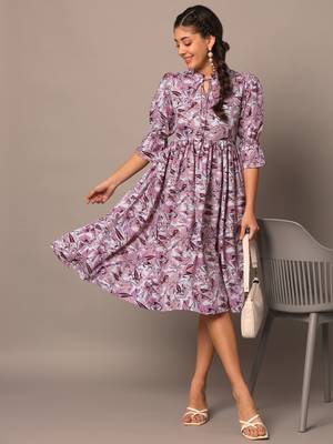 Women lavender botanical floral printed flared western midi dress 1