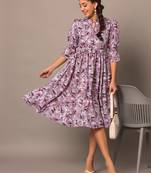 Women lavender botanical floral printed flared western midi dress