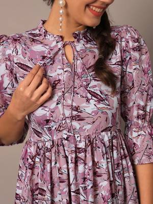 Women lavender botanical floral printed flared western midi dress 2