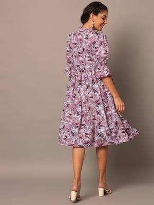 Women lavender botanical floral printed flared western midi dress 3