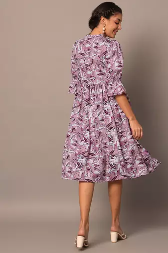 Women lavender botanical floral printed flared western midi dress